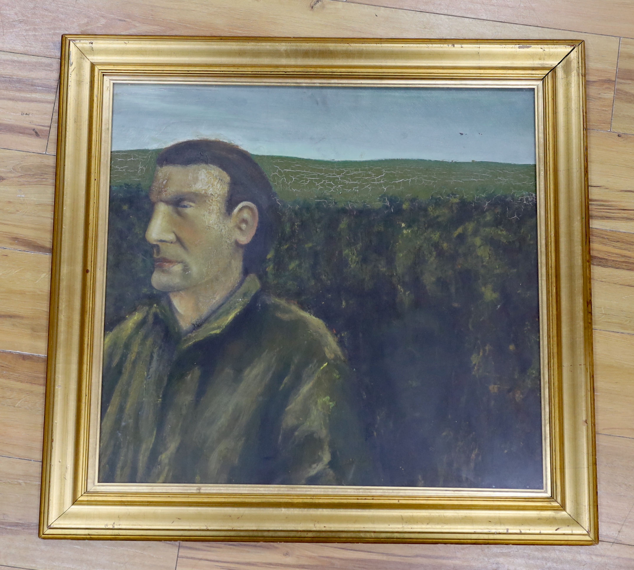 Alan Parker, oil on board, Portrait of a gentleman in a landscape, inscribed verso, 62 x 66cm